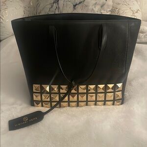 MICHAEL Michael Kors Black Leather Tote with Gold Studs